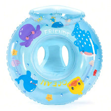 A blue inflatable baby swim ring with a purple character and the word FRIENDS on it.