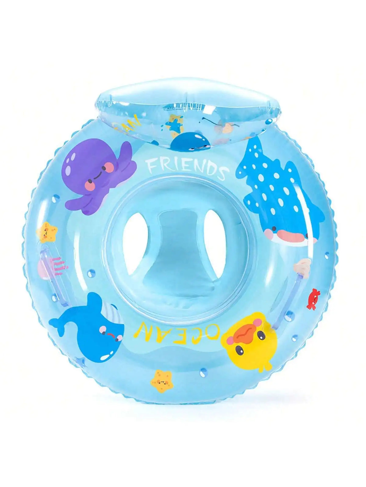 A blue inflatable baby swim ring with a purple character and the word FRIENDS on it.