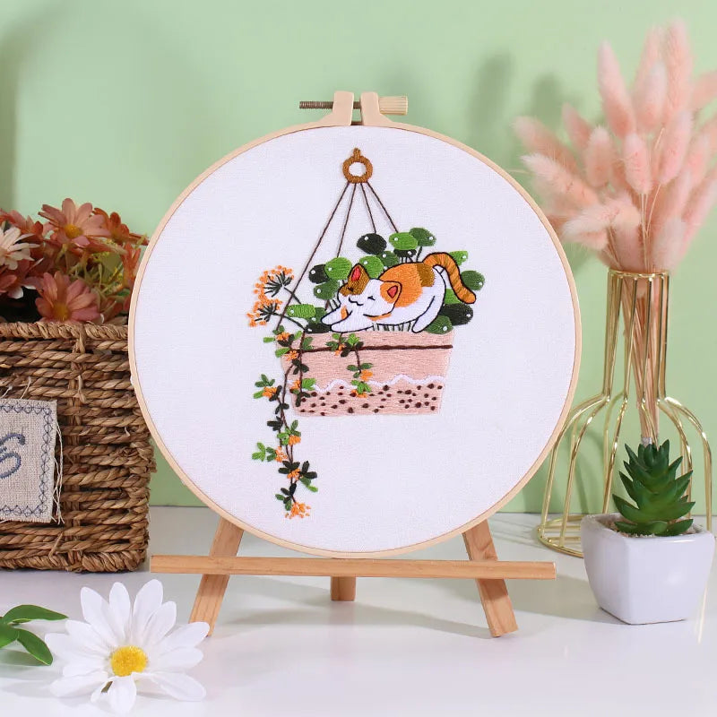 Beginner Embroidery Kit with Floral and Cat Patterns