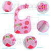 Pink baby feeding bibs with embroidered designs and velcro fastening for infants and toddlers