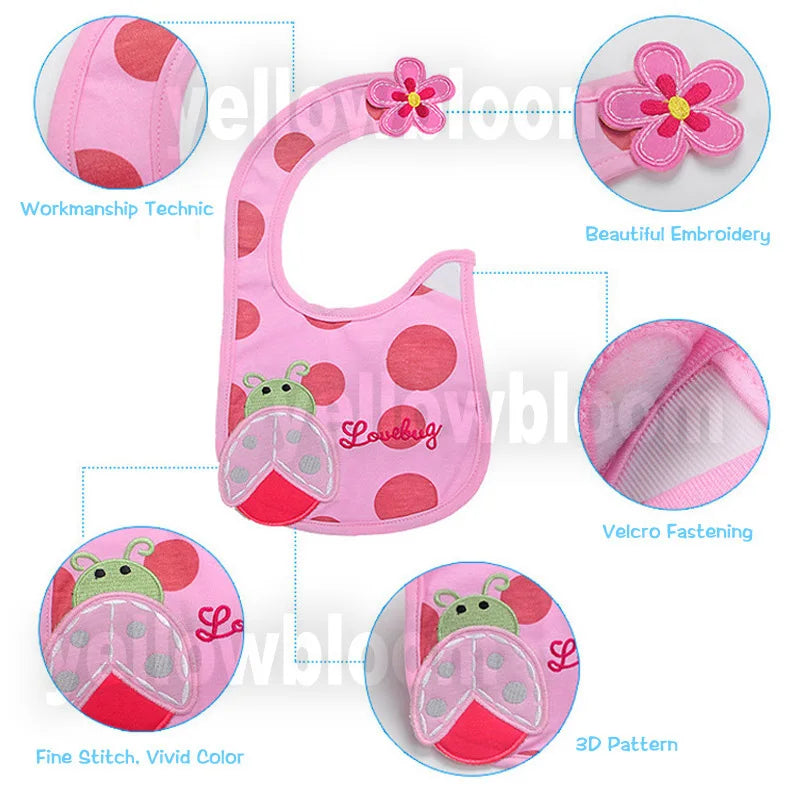 Pink baby feeding bibs with embroidered designs and velcro fastening for infants and toddlers