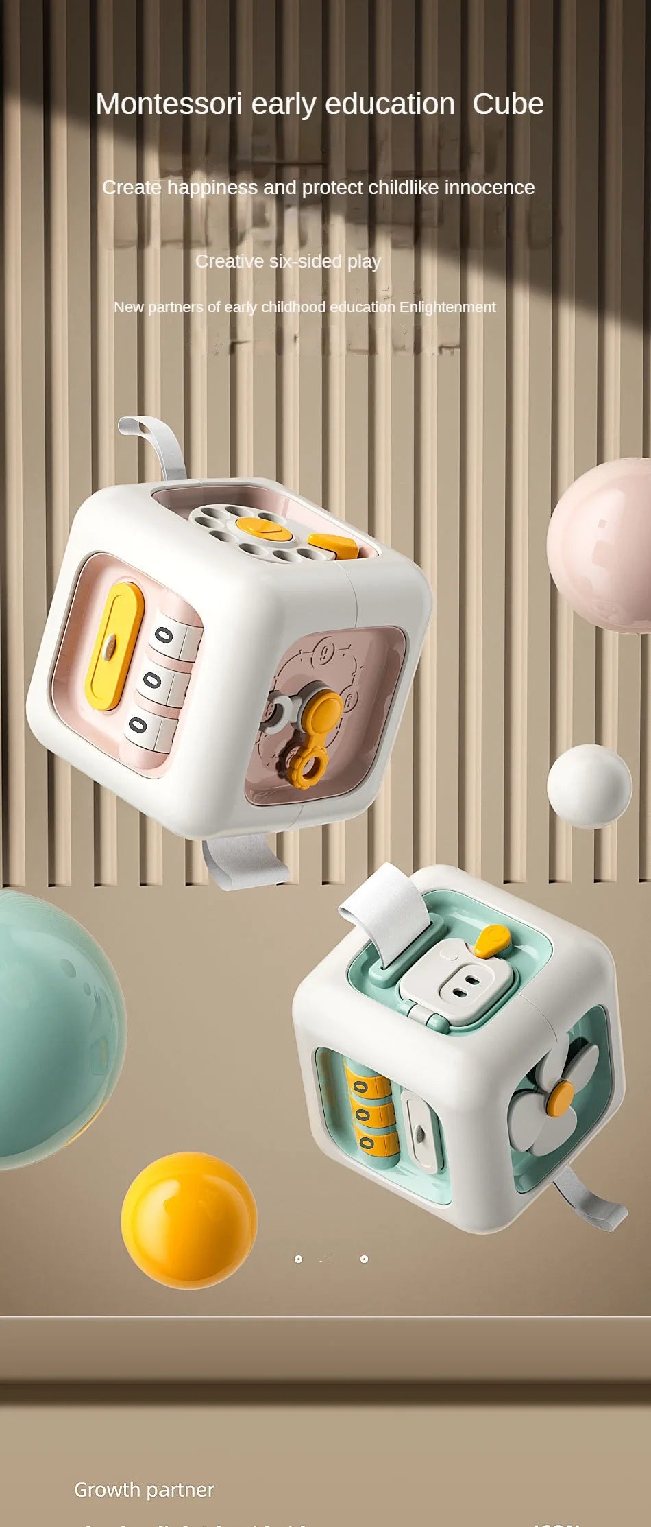 A white Montessori early education cube with colorful inserts and a yellow ball shown next to other spherical objects.