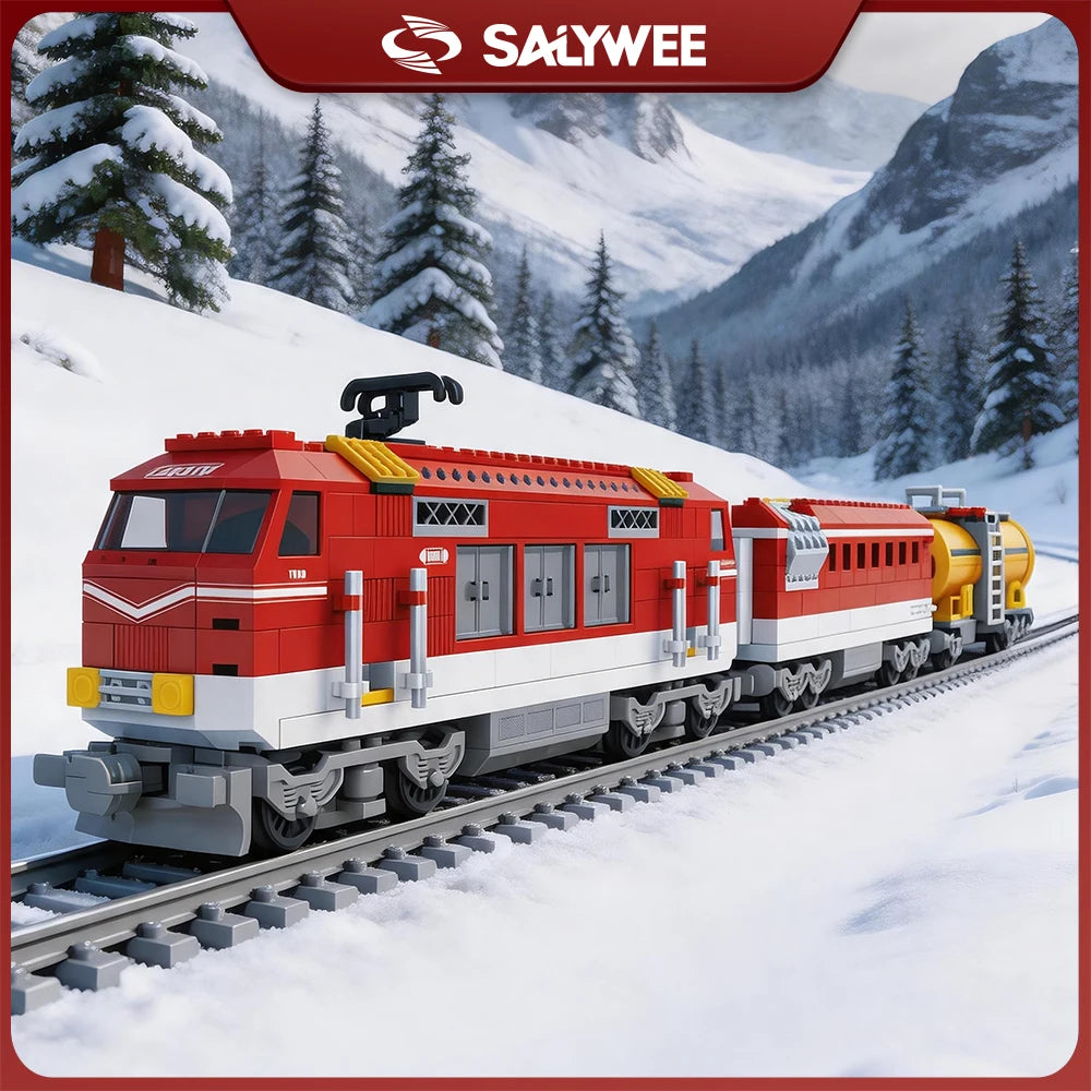 A red and white vintage steam passenger train model built from building blocks running on snowy tracks.