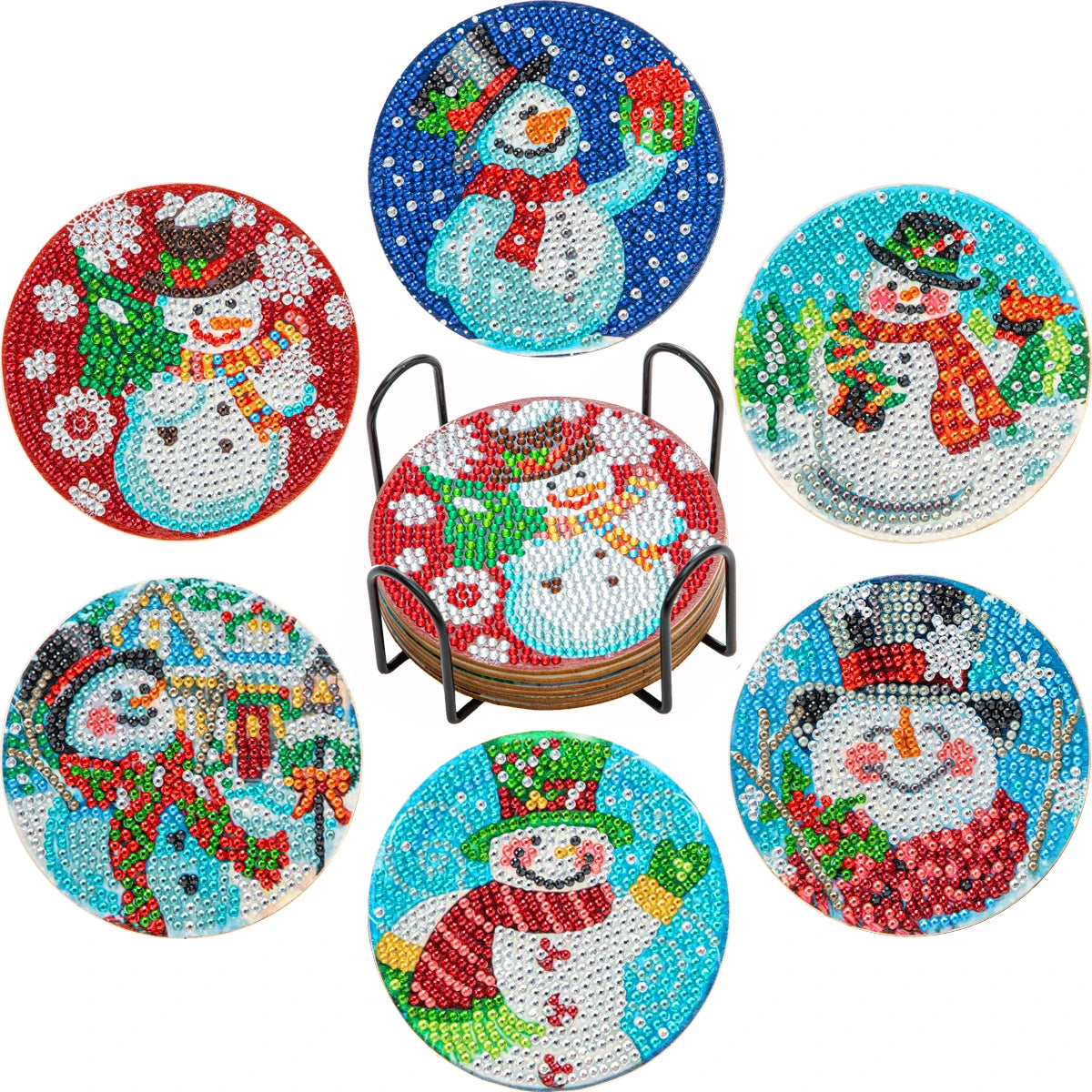 A set of nine 5D diamond painting coasters featuring festive winter and holiday designs with snowflakes, snowmen, and colorfu