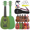 A ukulele starter kit featuring a green body, a black neck, and various accessories like picks and straps.