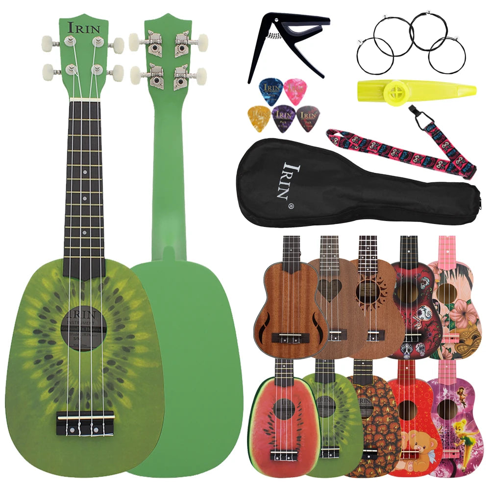 A ukulele starter kit featuring a green body, a black neck, and various accessories like picks and straps.