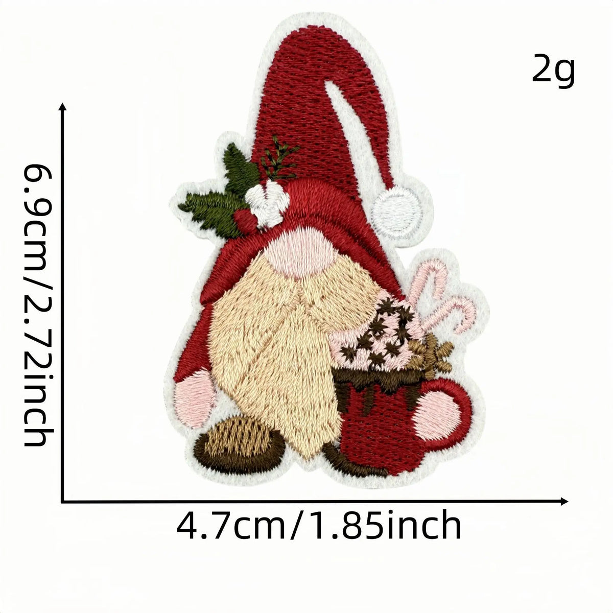 A red cartoon character patch resembling a Santa hat and face, embroidered in red and beige thread.