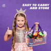 A smiling girl holds a purple play food cutting set bag with colorful pretend food items.