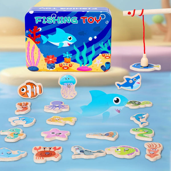 A collection of wooden magnetic fishing toys featuring various fish and sea creatures on a blue surface.