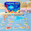 A set of wooden magnetic fishing toys featuring various fish and sea creatures on a blue surface.
