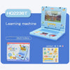 A blue toddler learning machine laptop toy with a screen and music lights is displayed next to its packaging.