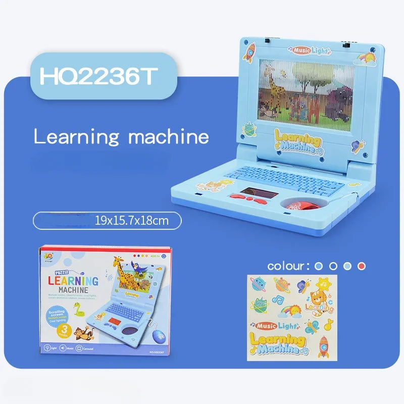 A blue toddler learning machine laptop toy with a screen and music lights is displayed next to its packaging.