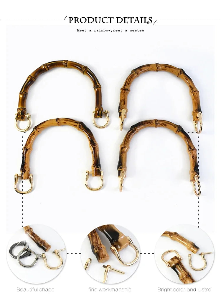 Three bamboo-style leather handles shown in various shapes and sizes for DIY bag projects