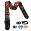 A vintage floral guitar strap featuring a black strap, red and green floral pattern, and includes guitar picks and strap lock