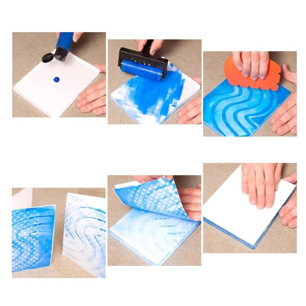 Hands apply blue silicone gel ink to a white printing plate for monoprinting and mixed media art.