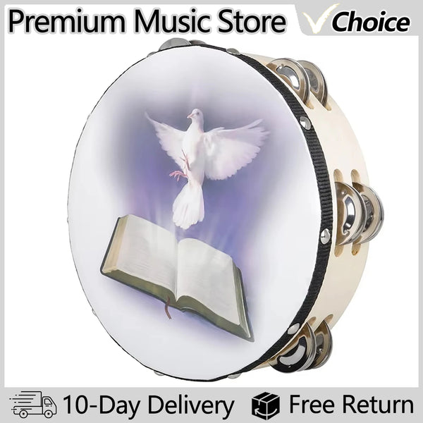 A hand-held wooden tambourine percussion instrument with a dove and an open book design.