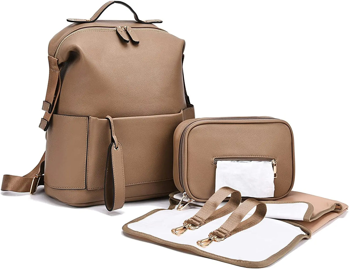 PU Leather Diaper Backpack with Changing Pad and Stroller Straps