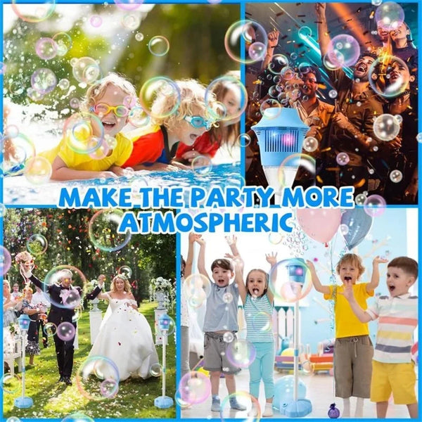 A collage showing people playing with and surrounded by LED bubbles at a party, including children and adults.
