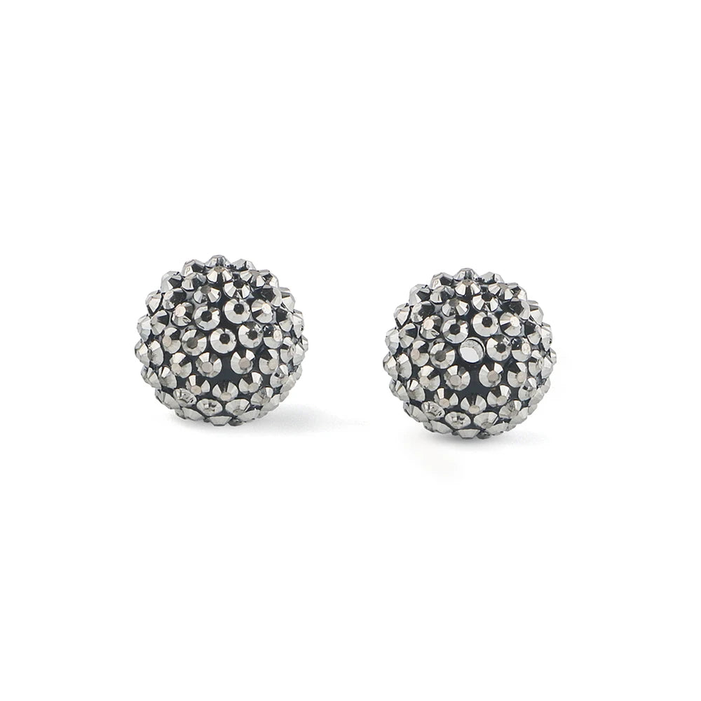 Two spherical ball beads made of silver-toned rhinestones and resin for jewelry making