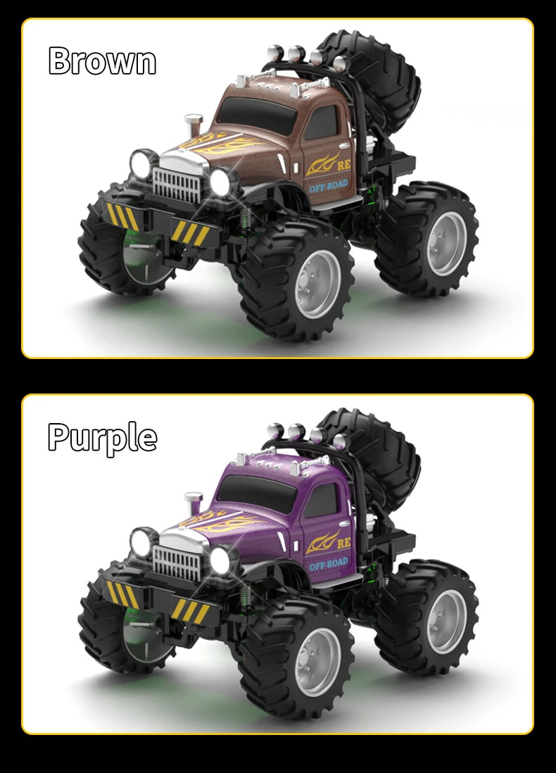 Braunes 1:64 RC-Offroad-LKW-Modell mit großen Reifen und silbernem Kühlergrill.