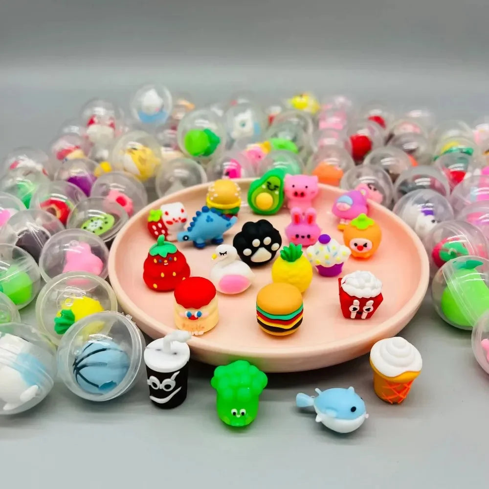 A collection of colorful transparent plastic eggshell party favors in various shades and shapes.