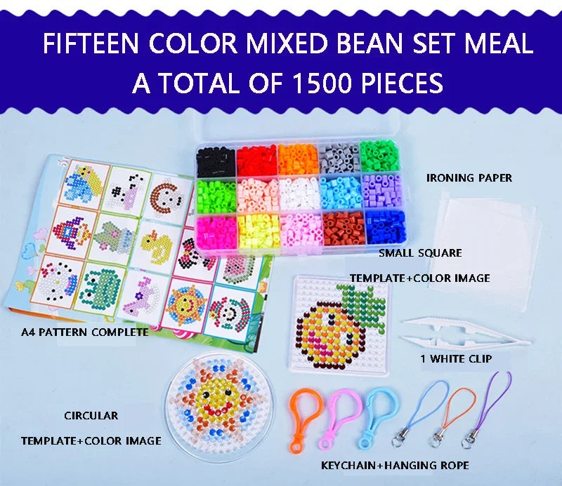 A mixed bean set meal of fifteen colors totaling 1500 pieces with ironing paper and keychain accessories