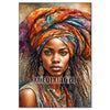 A painting of an African woman wearing a vibrant orange and purple headwrap with long dreadlocks.