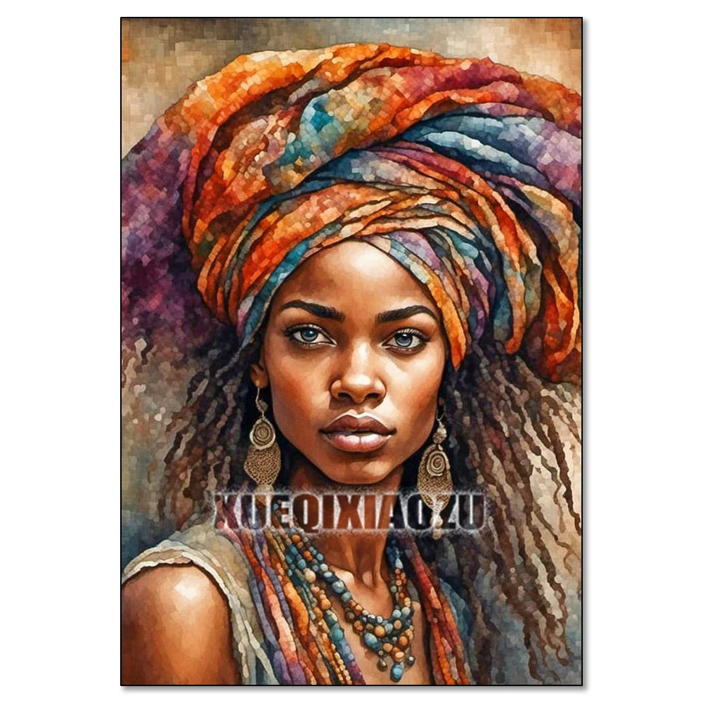 A painting of an African woman wearing a vibrant orange and purple headwrap with long dreadlocks.