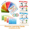 A collection of phonics learning cards featuring various letters, syllables, and words for reading practice.