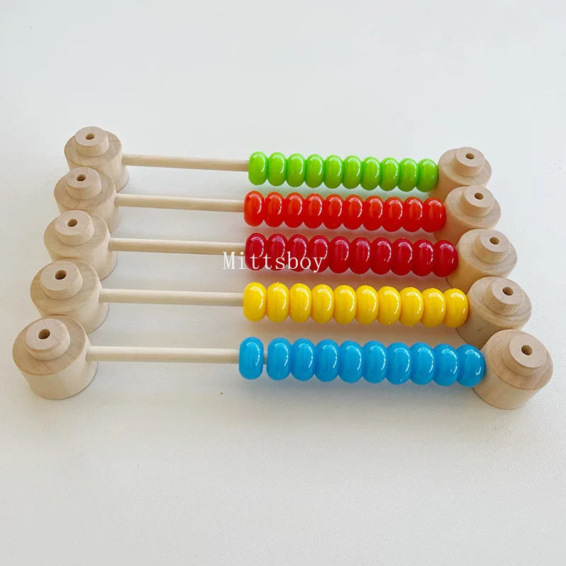 Montessori wooden busy board featuring colored wooden beads and sticks for educational play