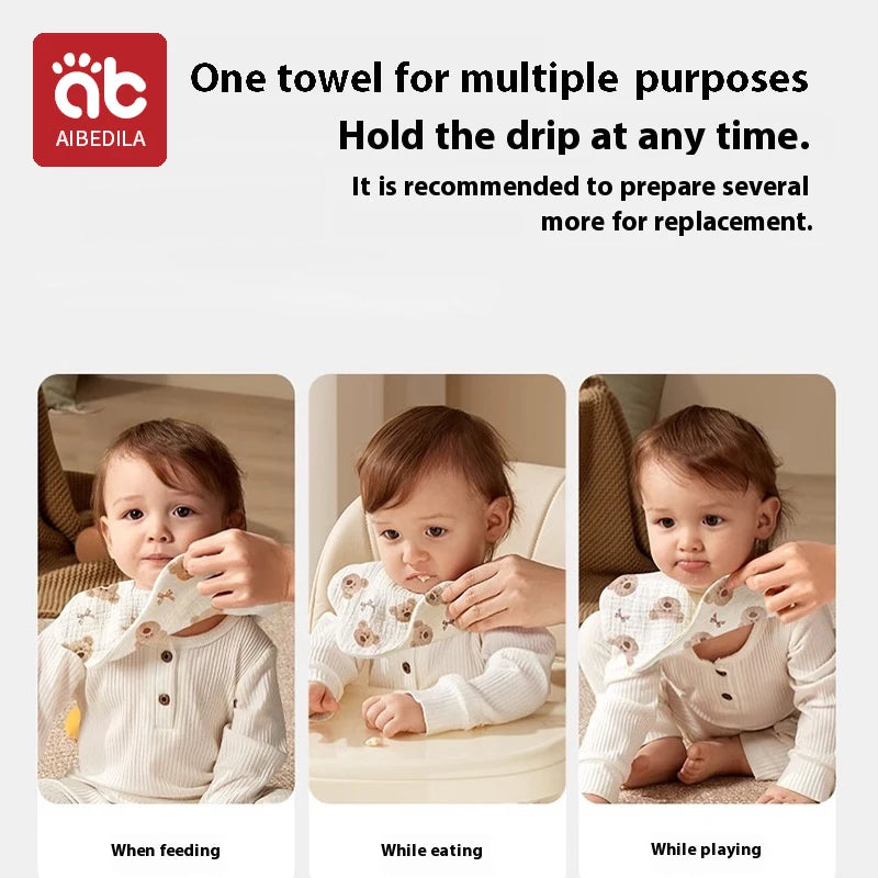 Three babies wearing soft cotton gauze burp cloths for feeding, eating, and playing.