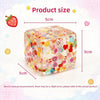 A clear, colorful fruit ice cube stress ball with various fruit shapes inside, shown next to size measurements.