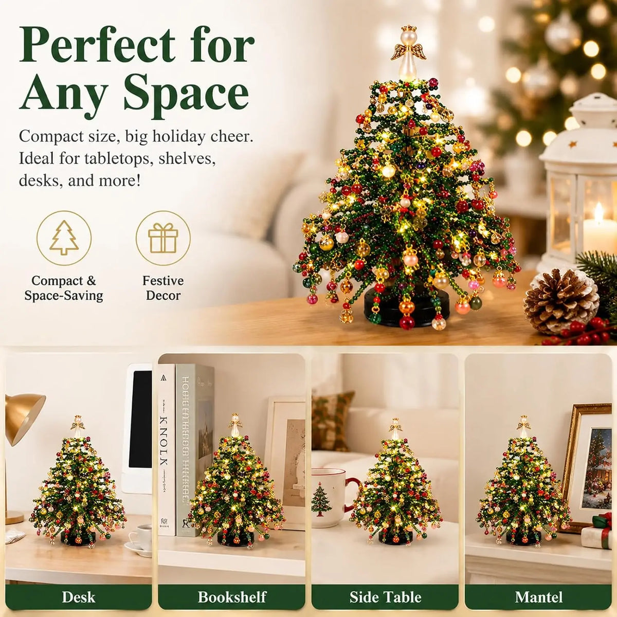 A DIY beaded Christmas tree kit decorated with colorful lights and ornaments displayed on a desk, bookshelf, side table, and 