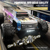 A purple and blue 1:14 scale 4WD brushless RC monster truck with alloy differential design on a track.