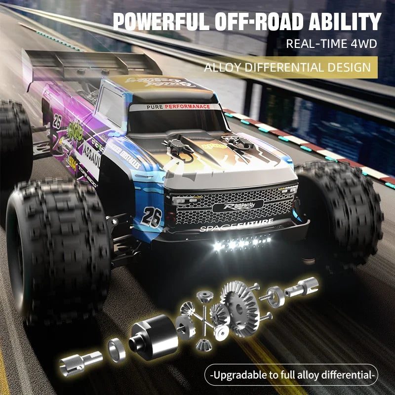 A purple and blue 1:14 scale 4WD brushless RC monster truck with alloy differential design on a track.
