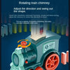 A green domino train toy is shown, demonstrating a rotating chimney mechanism for controlling the direction of travel.