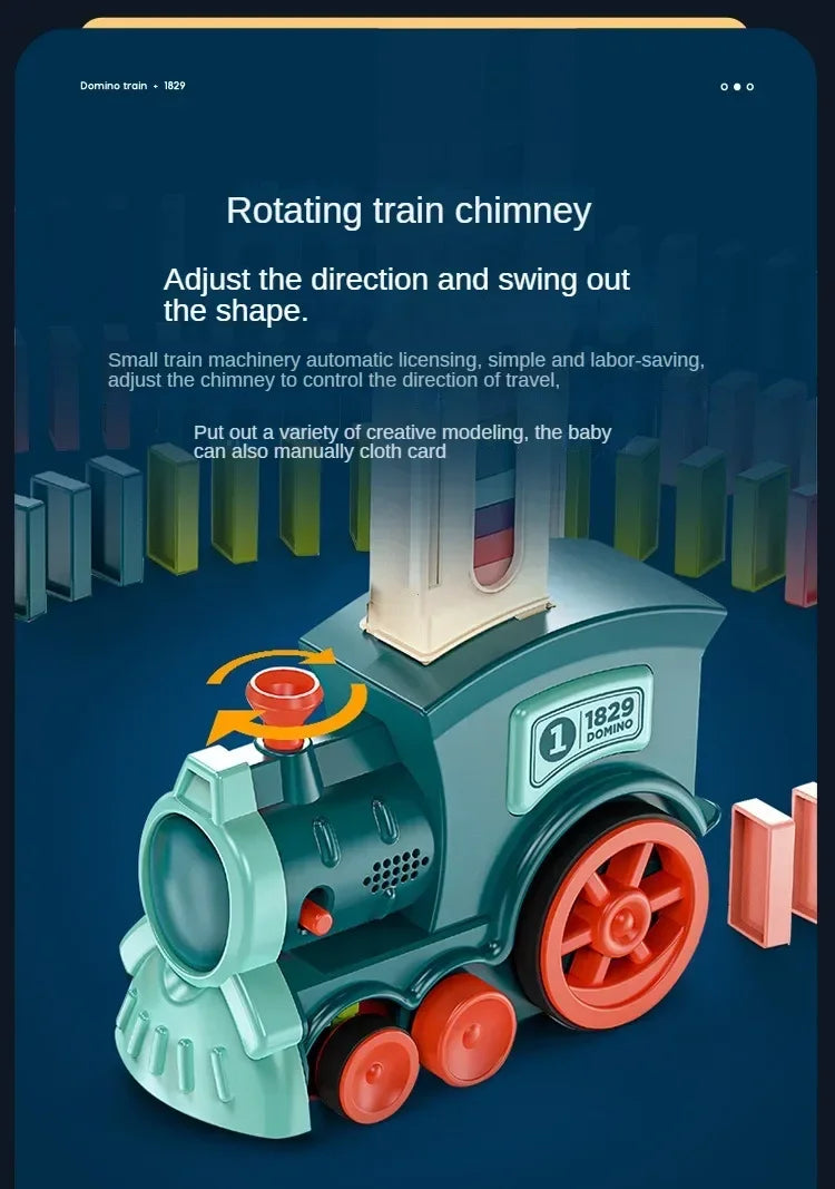 A green domino train toy is shown, demonstrating a rotating chimney mechanism for controlling the direction of travel.