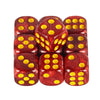 A set of ten mixed-color dice with red and yellow dots used for board games and RPGs