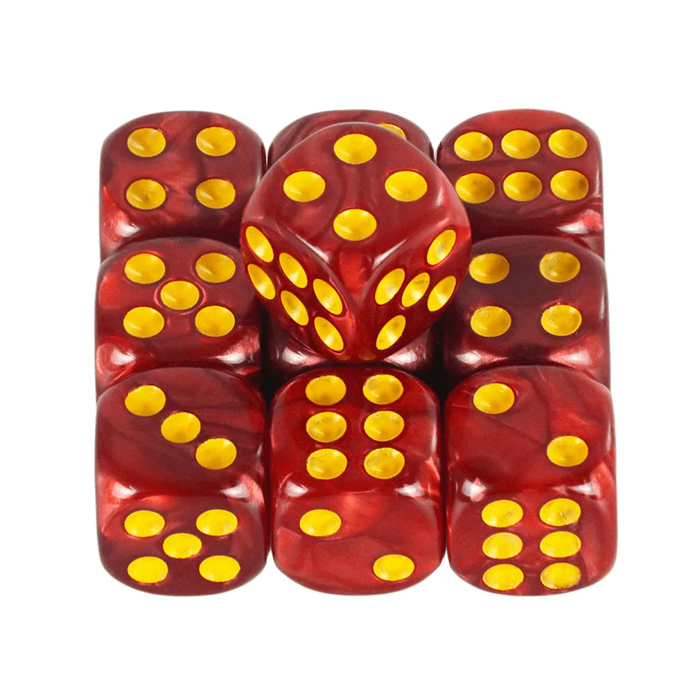 A set of ten mixed-color dice with red and yellow dots used for board games and RPGs
