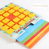 A wooden memory game board with yellow tiles and a groove design, featuring colorful game elements.