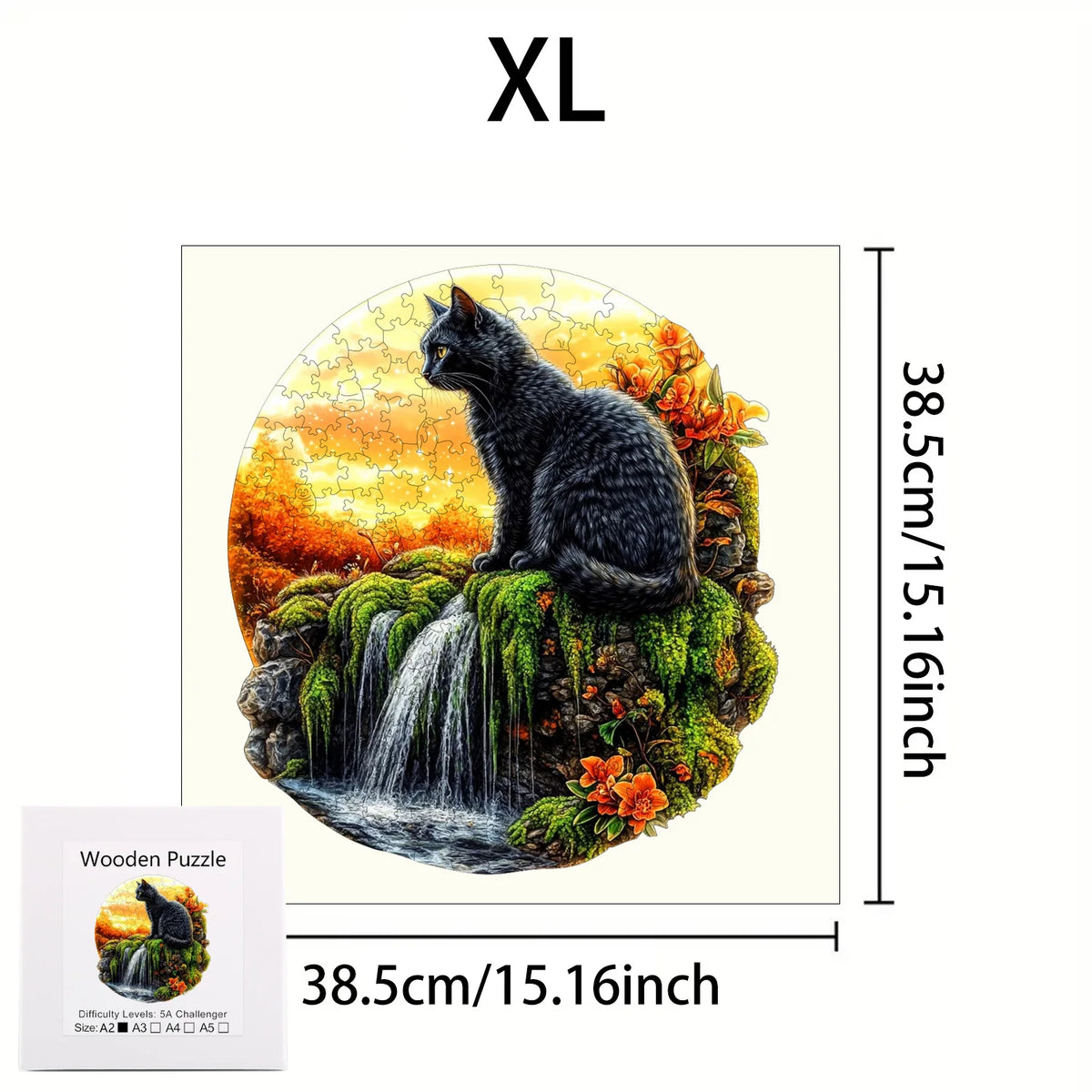 XL size wooden jigsaw puzzle featuring a black cat sitting on a mossy rock with a waterfall background
