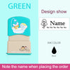 A light blue waterproof labeling stamp with a custom name design and black ink color.