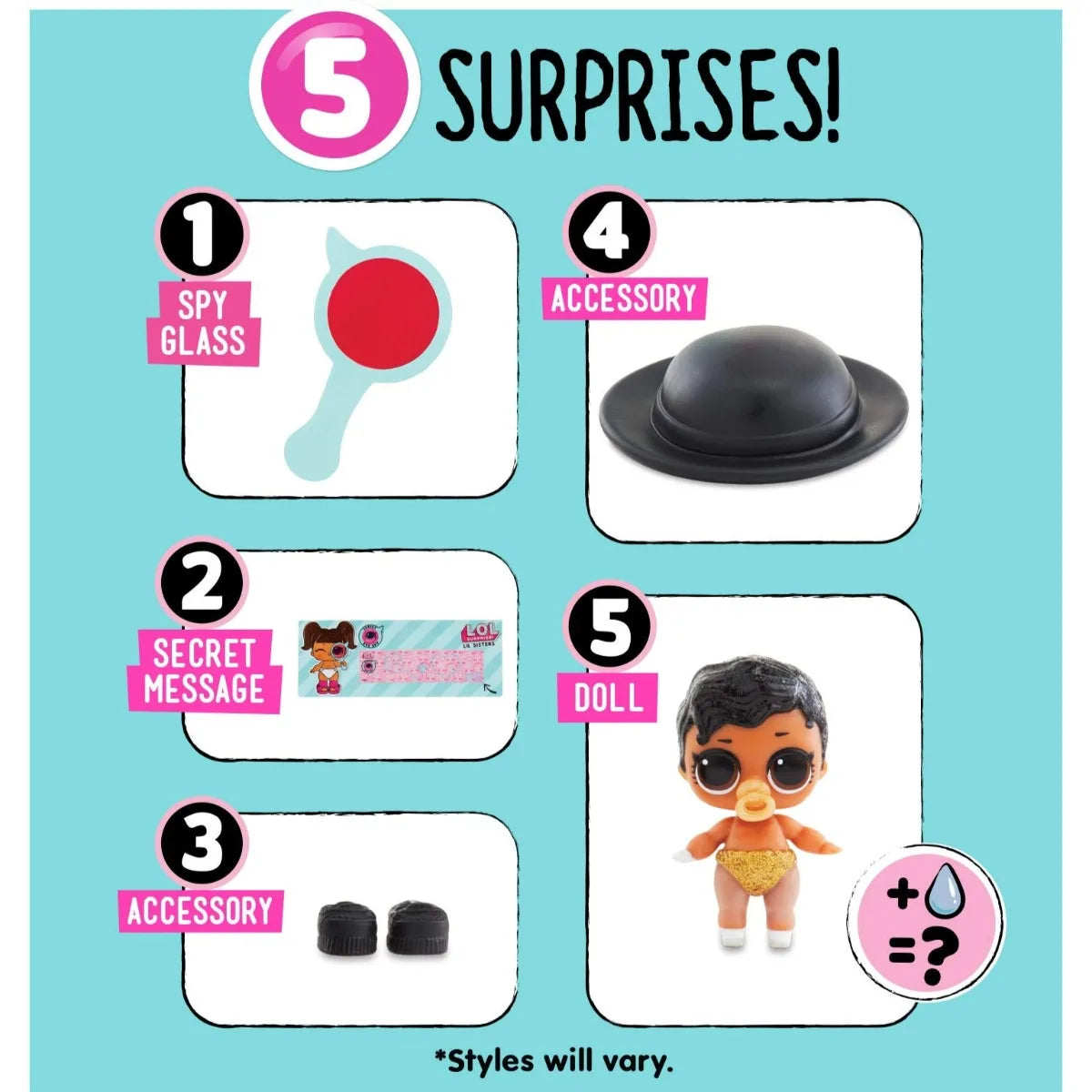 Five surprises from the LOL Surprise! Lil Sisters Series 2 blind ball featuring accessories and a doll.