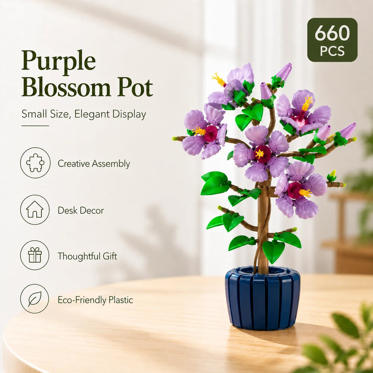 A purple blossom pot featuring a small tree of flowers, designed as a creative assembly desk decor or thoughtful gift.