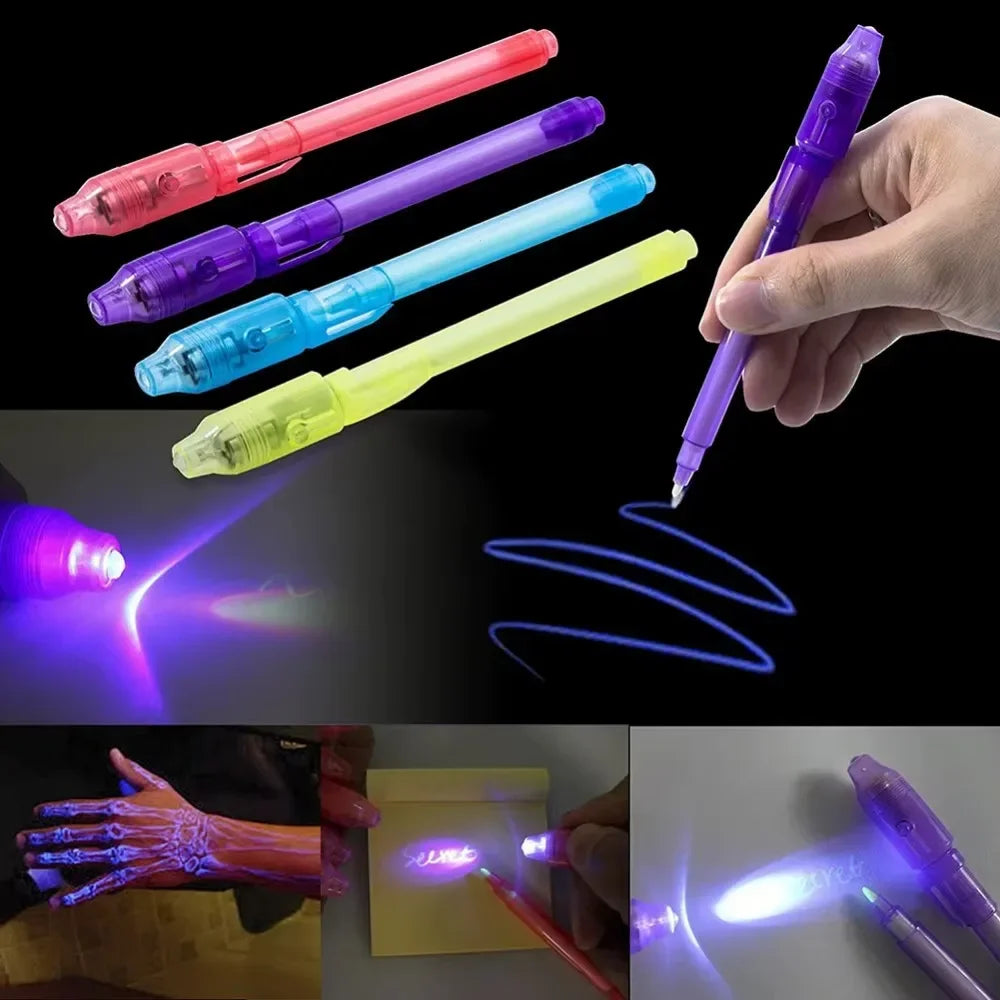 A set of colored invisible ink spy pens with UV light illuminating secret messages on a dark surface.