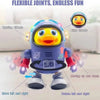 A purple interactive space duck toy with blinking lights and moving joints.