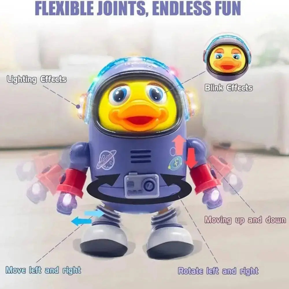 A purple interactive space duck toy with blinking lights and moving joints.
