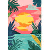 A vibrant painting featuring a sunset over water with tropical foliage and clouds.