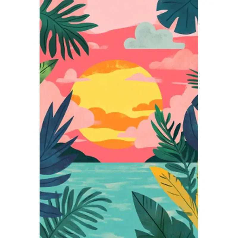 A vibrant painting featuring a sunset over water with tropical foliage and clouds.