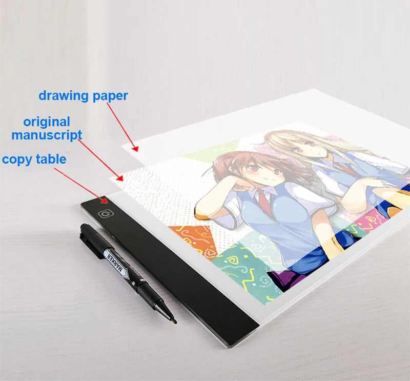 An LED drawing copy pad with writing paper, a manuscript, and a copy table are shown on a white surface.